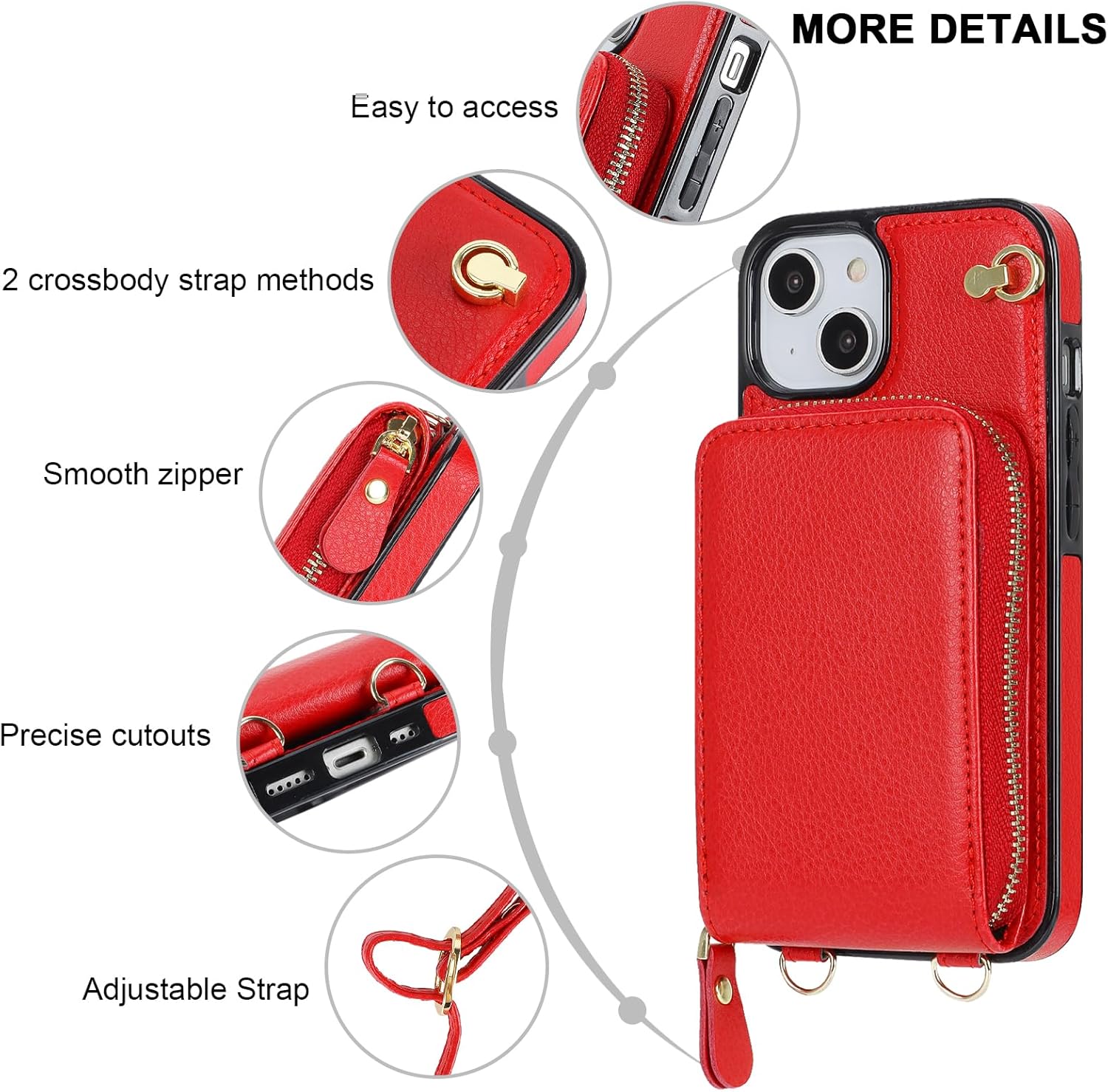 KIHUWEY Crossbody Wallet Case for iPhone 13 iPhone 14, Zipper Pocket Case with Card Holder, PU Leather RFID Blocking Protective Cover Case with Kickstand Detachable Wrist Strap Lanyard 6.1 (Red)